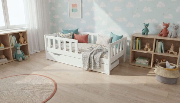 Łóżko dziecięce LULLU – wysokie nóżki z szufladą
