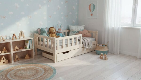 Łóżko dziecięce LULLU – wysokie nóżki z szufladą