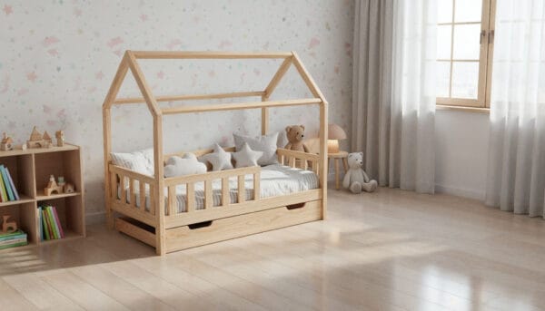 Łóżko domek LULLU - wysokie nóżki z szufladą