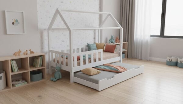Łóżko domek LULLU - wysokie nóżki z szufladą