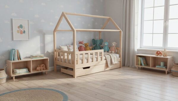 Łóżko domek LULLU - wysokie nóżki z szufladą