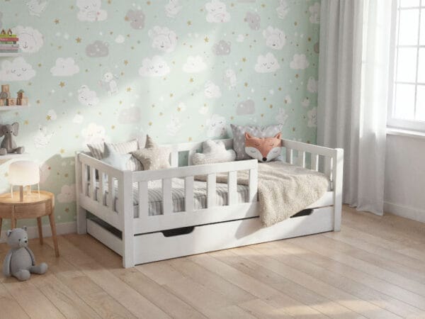 Łóżko dziecięce LULLU – wysokie nóżki z szufladą