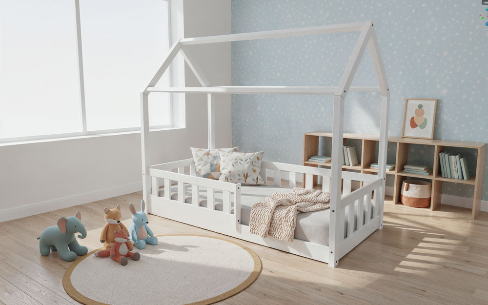 BUBU lozko domek niskie nozki biale niebieksa tapeta