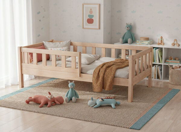 Łóżko-dziecięce-BUBU-wysokie-nóżki-niemalowane-dywam Łóżko dziecięce BUBU – wysokie nóżki