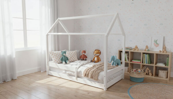 MIMI-domek-niskie-nózki-białe-pluszaki Łóżko domek MIMI - niskie nóżki