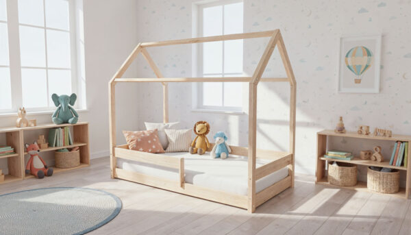 MIMI-łóżko-domek-niskie-nóżki-naturalne-niebieski-dywani Łóżko domek MIMI - niskie nóżki