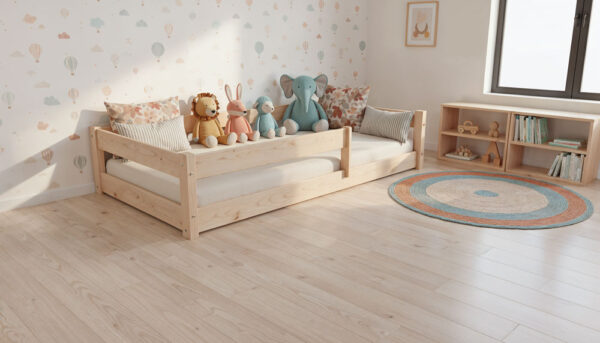 MIMI-łózko-niskie-naturalne-misie-na-łózku Łóżko dziecięce MIMI – niskie nóżki