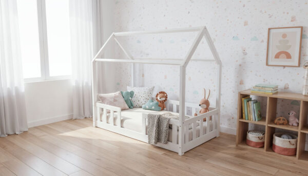 TUTU-łózko-domek-białe-niskie-nózki-tapeta-jasna Łóżko domek TUTU - niskie nóżki
