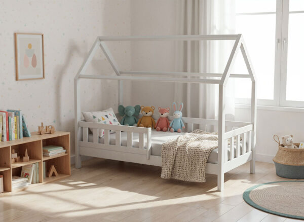 bubu-łóżko-domek-biale-wysoki-nozki-pluszaki-w-jasnym-pokoju Łóżko domek BUBU - wysokie nóżki