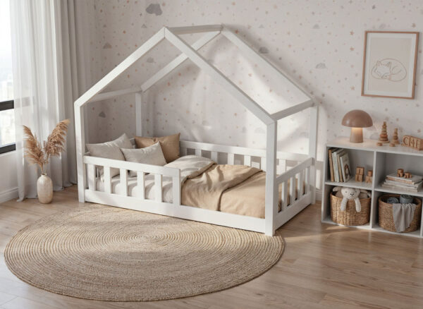 Łóżko domek LULLU - niskie nóżki, szeroki dach