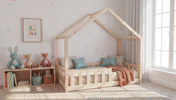 Łóżko domek LULLU - niskie nóżki, szeroki dach