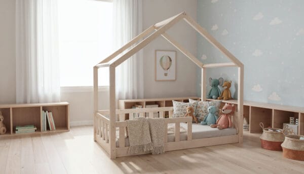 Łóżko domek LULLU - niskie nóżki, szeroki dach