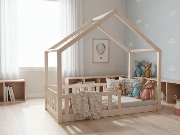 Łóżko domek LULLU - niskie nóżki, szeroki dach