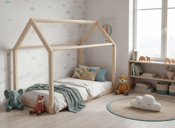 nunu-łóżko-domek-niskie-nózki-niemalowane Łóżko dziecięce domek NUNU – niskie nóżki