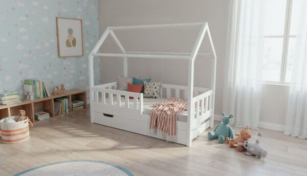 BUBU-łózko-doemk-wysokie-nózki-z-szuflada-na-materac-kolor-biały Łóżko domek BUBU - wysokie nóżki z szufladą