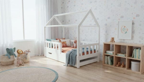 BUBU-łózko-doemk-wysokie-nózki-z-szuflada-na-materac-kolor-biały-zamknięta Łóżko domek BUBU - wysokie nóżki z szufladą