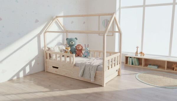 BUBU-łózko-doemk-wysokie-nózki-z-szuflada-na-materac-kolor-naturalny Łóżko domek BUBU - wysokie nóżki z szufladą