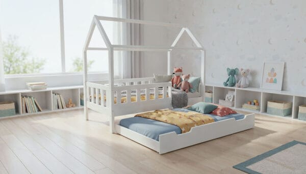 BUBU-łózko-doemk-wysokie-nózki-z-szuflada-na-materac-wysunięta-kolor-biały Łóżko domek BUBU - wysokie nóżki z szufladą
