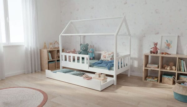 BUBU-łózko-doemk-wysokie-nózki-z-szuflada-na-przechopwywanie-wysunięta-kolor-biały Łóżko domek BUBU - wysokie nóżki z szufladą