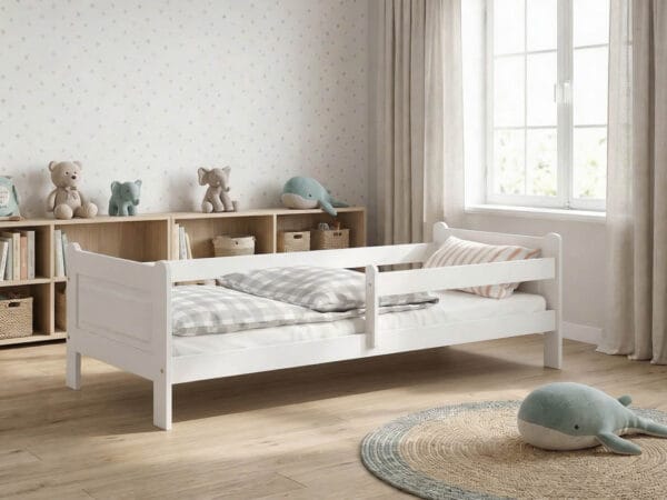 Łóżko dziecięce DODO drewniane z barierką białe Łóżko dziecięce DODO
