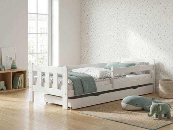 Łóżko dziecięce MOMO drewniane z barierką białe z szufladą Łóżko dziecięce MOMO z szufladą